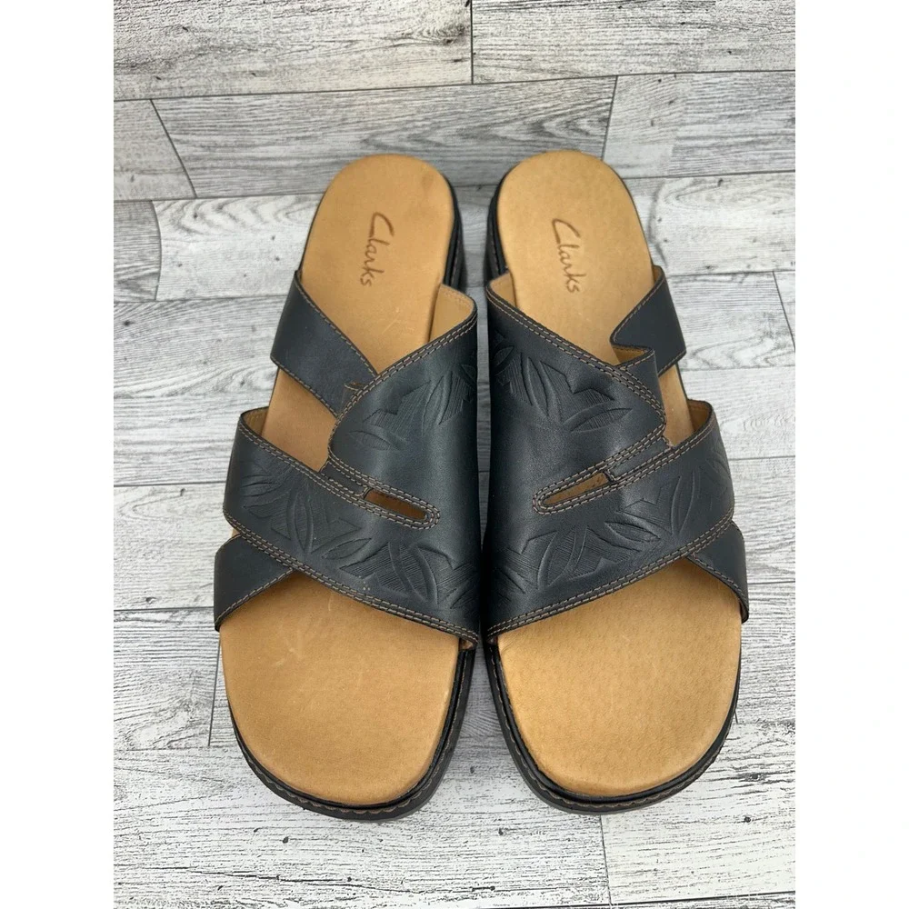 Clarks Black Leather Embossed Floral Wedge‎ Slide Sandals Women 10M